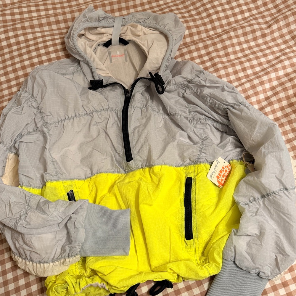 FP Movement by Free People Grey and Neon Yellow Colorblock Hooded Anorak